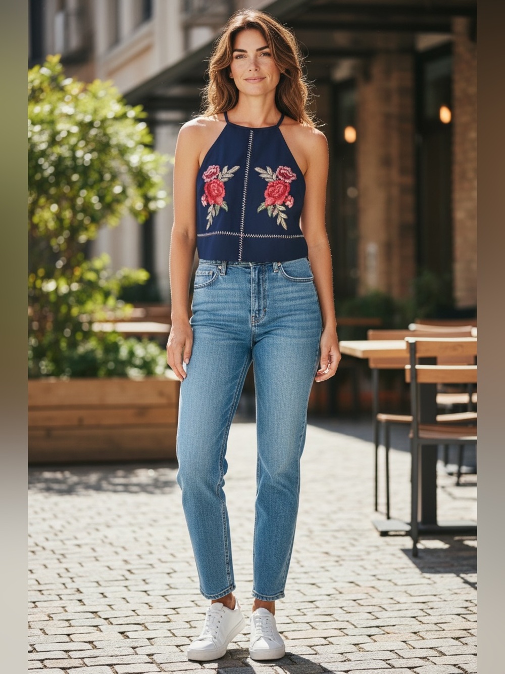 She + Sky Embroidered Floral Halter Top | Navy | Size Small | NWT